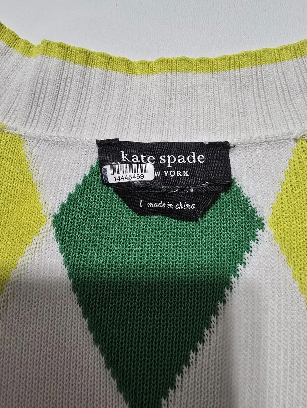 Kate Spade New York Spring Argyle Sweater Short Sleeves V-neck Size L